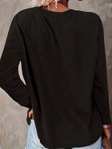 Plus Size Casual Solid Color Versatile Long Sleeve T-Shirt, Autumn - Black - View 2