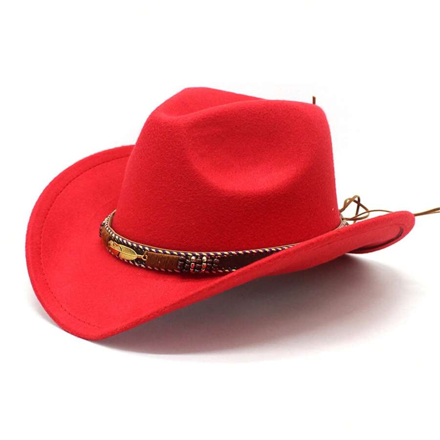 Western Cowboy Hat Faux Felt Leather Wide Brim Hat Classic Outdoor Travel Cap With Strap For Halloween Adult Men Women Cowgirl Costume - 紅色 - 查看 1