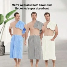 2 Pcs Men Solid Color Bathrobe Towel Set, Modern Super-Fiber Rectangular Pocket Absorbent Bath Robe, Home Bathroom Use Summer Wedding Home Bathroom Decor Back To School - Multicolor - View 7