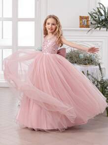 Tween Girl Elegant Bow Decor Dress, Flower Girl Princess Dress Suitable For Girls Wedding, Party, Birthday, Communion, Important Occasions - Pink - View 3