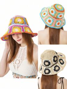 LEAJOURNO. 1pc Exotic Hollow Out Vintage Floral Bucket Hat, Hyuna Style Foldable Bucket Hat