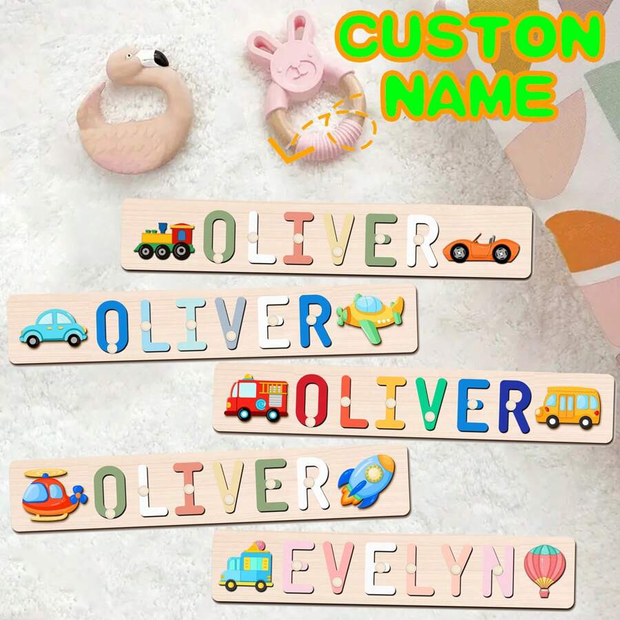 [Customized Puzzle] 1pc Personalized Name Puzzle, Wooden Name Puzzle, Automotive Style, Suitable For Christening, Birthday, Christmas, New Year Gifts, Supporting Only English Letters, Exquisite 1st Birthday Gift For Boys And Girls - Multicolor - View 1