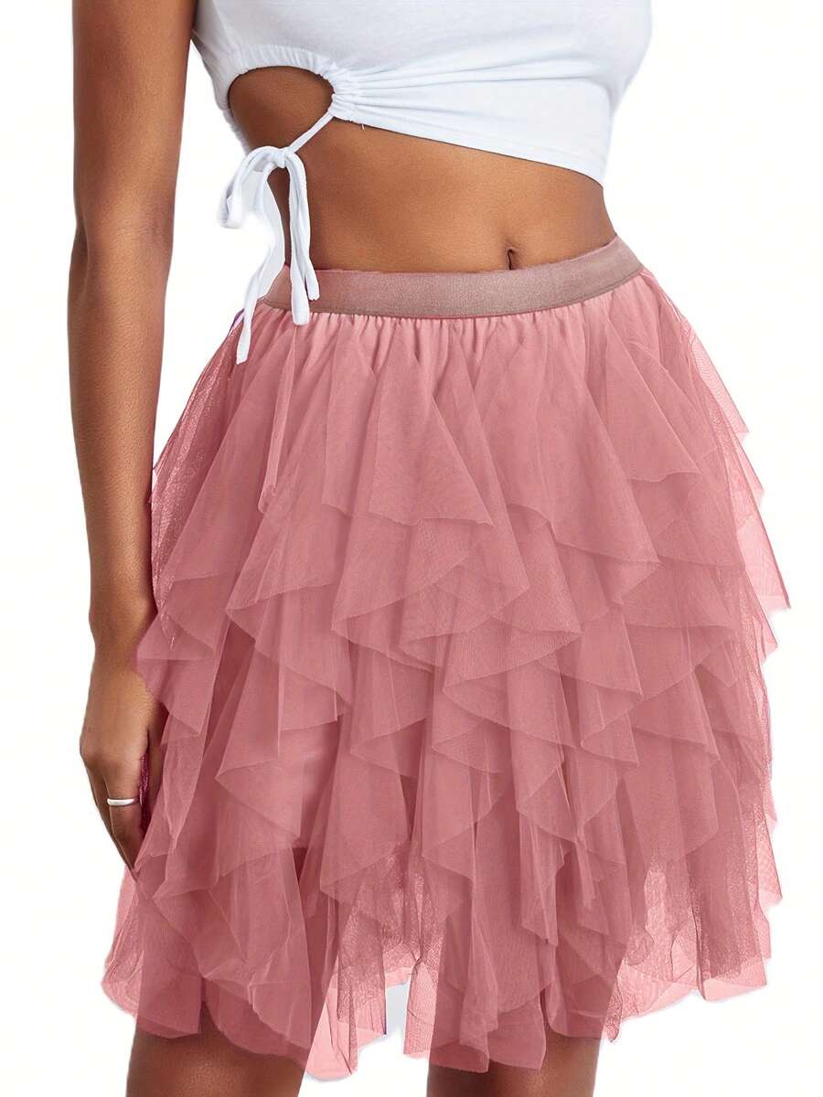Women  Plus Size Tulle Tutu Skirt Solid Color Elastic Layered Mesh Fairy A-Line Skirt For Beach Party Streetwear - 粉色 - 查看 1