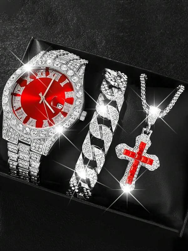 Set de 3 relojes de cuarzo sencillos para hombre - Con función de calendario, esfera redonda, con colgante de cruz personalizado y pulsera de cadena combinación, estiloso y elegante, adecuado para usar/regalar en cualquier lugar