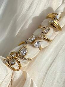 几何 Ins 风格不锈钢锆石开口戒指，高档戒指设计，精致轻奢女士珠宝，女士日常派对配饰，时尚珠宝，最佳朋友礼物 - 金色 - 查看 12