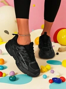 Sporty Front Chunky Sneakers For Women,Colorblock Leather Lace-Up Shoes Women Lightweight Breathable Sneakers Women Shoes Anti-Slip And Wear-Resistant Outdoor Sports Shoes For Women,Comfortable Casual Women Shoes - Black - View 7