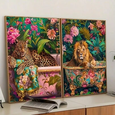 1幅装裱帆布墙画，色彩鲜艳的狮子和豹子帆布海报，现代艺术墙饰，花卉动物图案，适用于客厅、卧室、浴室、家庭办公室 - 时尚家居装饰，房间装饰礼物，生日毕业礼物