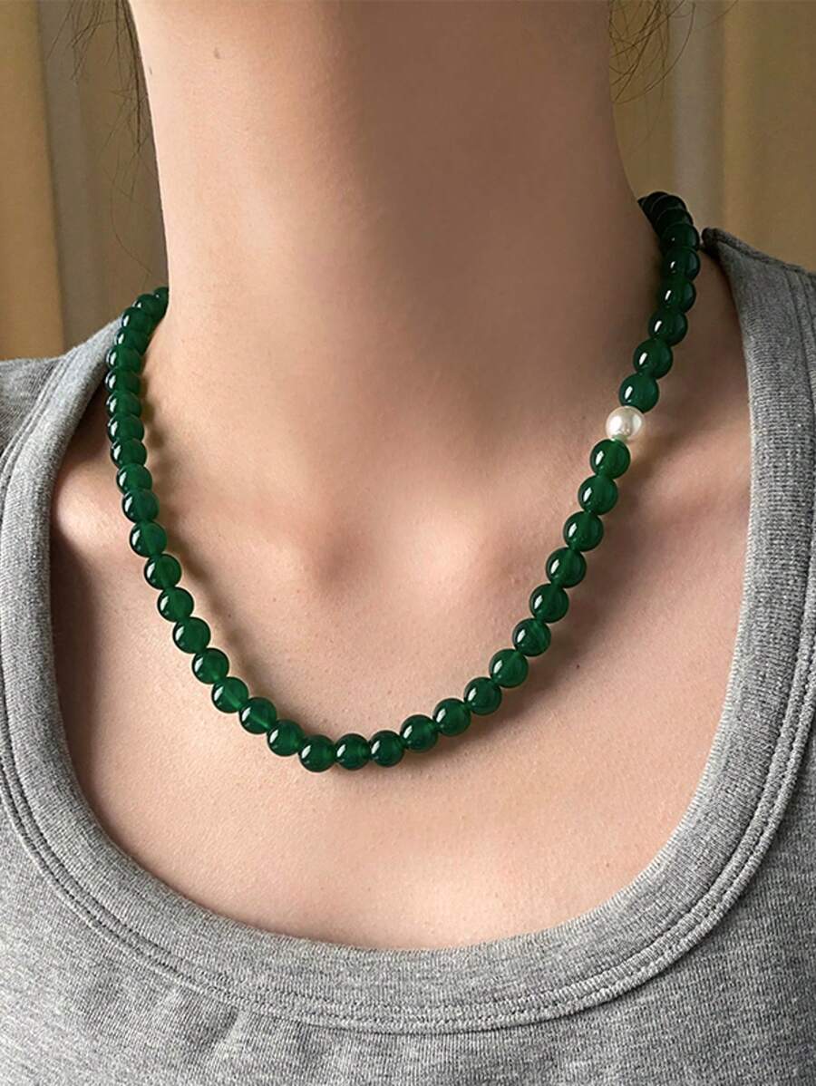 1pc 8mm Green Agate & Faux Pearl Necklace, Chinese Style, Suitable For Parties, Daily Wear And Gifts - Green - View 1