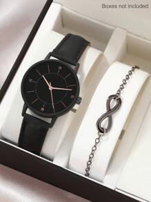 一套女士手表，配有黑色PU皮表带和手链，适合日常佩戴、生日礼物、派对、节日聚会，是送给自己或朋友的理想礼物。不含包装盒。 - 黑色 - 查看 1