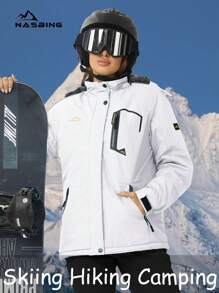 NASBING 女士冬季滑雪夹克 防水防风保暖连帽保暖冬装 防风衣 徒步滑雪露营登山外套 抓绒 - 白色 - 查看 3
