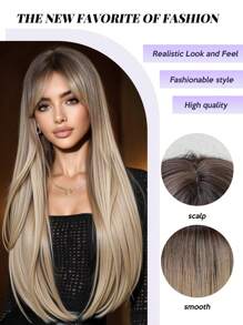 Peluca larga y recta de 26 pulgadas de alta calidad con degradado ombre y flequillo, hecha de fibra sintética resistente al calor, adecuada para festivales, fiestas, viajes y uso diario de mujeres - Degradado - Ver 3