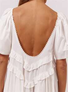 Women Summer Backless Beach Long Dress Elegant Short Sleeve Back Low-Cut Loose Casual Swing Maxi Dresses - 白色 - 查看 5