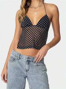 Womens Sexy Backless Halter Top Y2k Polka Dot Print Spaghetti Strap Sleeveless Deep V Neck Tie Back Cami Tank Tops Mesh See Through Camisole Crop Tops Summer Cute Going Out Tops Party Club Beach Vacation Streetwear - 黑色 - 查看 5