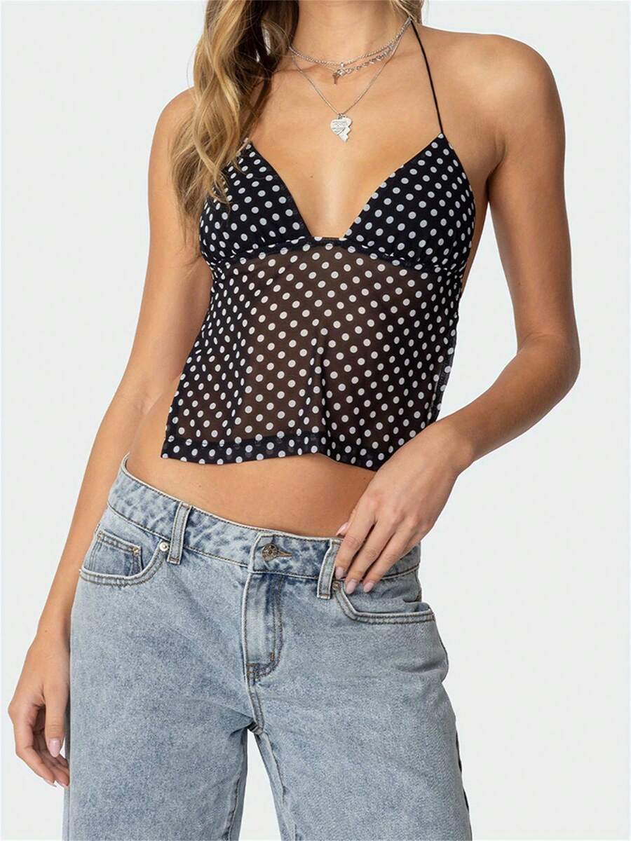 Womens Sexy Backless Halter Top Y2k Polka Dot Print Spaghetti Strap Sleeveless Deep V Neck Tie Back Cami Tank Tops Mesh See Through Camisole Crop Tops Summer Cute Going Out Tops Party Club Beach Vacation Streetwear - màu đen - Xem 1