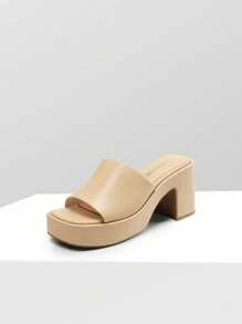 Women Minimalist Chunky Platform Mule Sandals Elegant Summer Slip On Square Open Toe Heeled Sandals For Outgoing School Party Prom - 裸色 - 查看 2