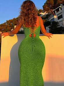 Robe maxi moulante verte sexy et dos nu pour femmes, élégante pour les fêtes, les vacances, les sorties, le printemps/été - Vert - Voir 3
