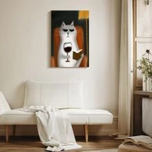 1pc Framed Canvas Poster, Cat Wine Funny Wall Art Canvas Paintings, Ideal Gift For Bedroom Living Room Corridor, Wall Art, Wall Decor, Winter Decor, Room Decoration