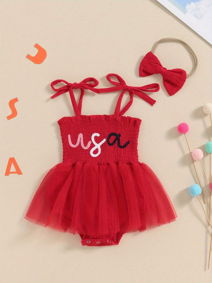 Baby Girl Summer Jumpsuit 4th Of July Letter Print Sleeveless Romper Dress And Headband Set Cute Fashion Clothes Outfits