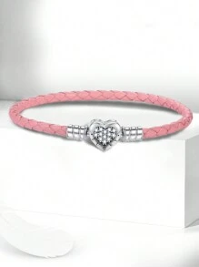 1Pc Glamorous 16-21CM 925 Sterling Silver Heart Bead Leather Cord Bracelet For Women Girlfriend Gift Fine Ladies Jewellery