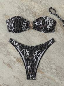 New Leopard Print Bandeau Bikini Set, Sexy Women Swimwear, For Summer Beach Vacation - Multicolor - View 2