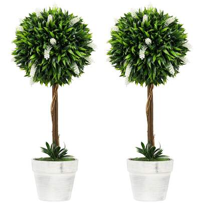  HOMCOM Set Of 2 Decorative Artificial Plants Ball Trees With Lavender Flowers In Pot Fake Plants For Home Indoor Outdoor Decor, 60cm, White