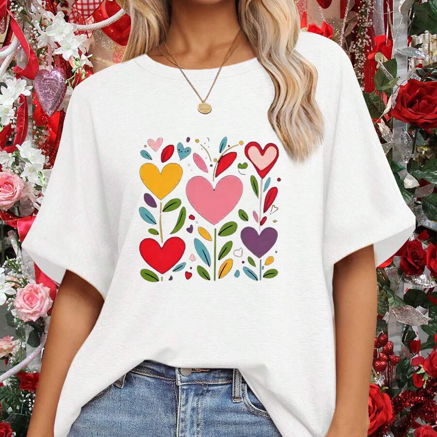 Valentine'S Day Colorful Heart Flowers Print T-Shirt Women'S Round Neck Short Sleeve Sports Tee For Activewear Casual Shirt - 白色 - 查看 1