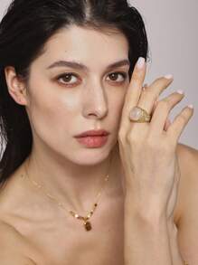 MiDuoDuo 1pc MiDuoDuo Cross-Border Luxury Retro Natural Tiger Eye & Rose Quartz Ring, Fashion Lady Daily Ring