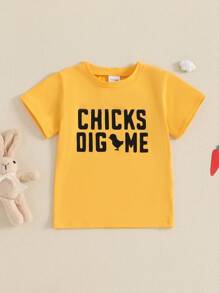 Camiseta de Pascua para niños pequeños, manga corta, cuello redondo, estampado de letras, ropa de verano para niñas y niños - Amarillo - Ver 1
