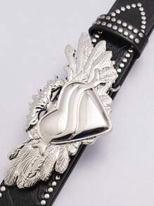 1 条时尚黑色真皮牛仔腰带/合金西部时尚男士腰带，黑色雕花图案银色柳钉装饰复古摇滚时尚合金翅膀爱心扣男士皮带适合年轻男孩聚会、跳舞、闪亮装饰、城郊旅行、日常休闲出游 - 黑色 - 查看 4