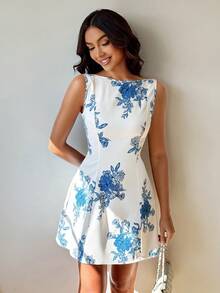 Women's Elegant Holiday Sleeveless Backless Dress With Blue And White Porcelain Color Large Flowers, Suitable For Daily Commuting, Shopping, Afternoon Tea Party, Vacation, Wedding Season