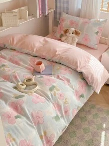 4pcs Bedding Set, Double-Sided Print Design AB Version, Includes 1pc Duvet Cover + 1pc Bed Sheet + 2pcs Pillowcases, Brushed Soft Touch, Fade Resistant, Antibacterial & Warm