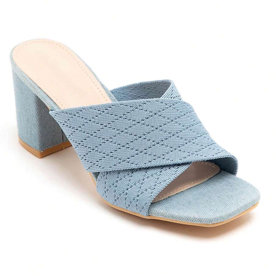 Cross Strap Heeled Shoes With Textured Pattern - Blue - View 1