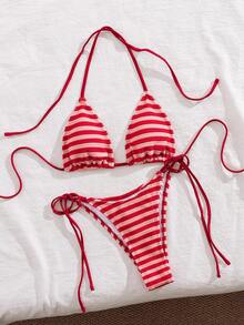 New Soft Striped Terry Cloth Wrap Halter Bikini Set, Simple & Elegant Party & Beach Swimwear For Women, Summer - Red - View 4