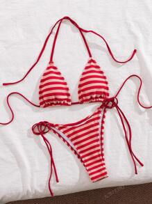 Nuevo conjunto de bikini con envoltura de felpa suave de rayas estilo halter, simple y elegante para fiestas y playa, para mujeres, verano