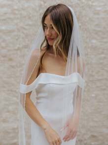 1pc Handmade Crystal Beaded Edge Bridal Veil With Hair Comb, Suitable For Wedding, Party, Photography, Cathedral/Fingertip Length, Heat Pressed To Reduce Creases - Straight White - View 2