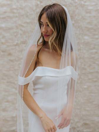 1pc Handmade Crystal Beaded Edge Bridal Veil With Hair Comb, Suitable For Wedding, Party, Photography, Cathedral Length, Fingertip Length