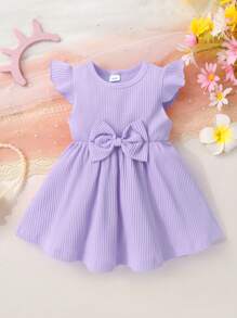 3 件套休闲优雅甜美可爱幼儿女童连衣裙，柔软舒适，蝴蝶结装饰花卉印花针织罗纹圆领荷叶边下摆连衣裙 - 彩色 - 查看 3