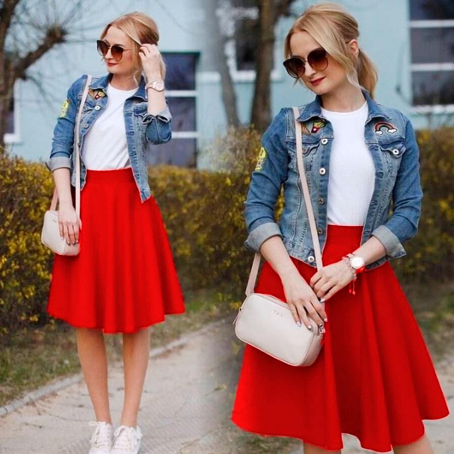 Conjunto falda y camiseta manga corta cintura alta vuelo ajuste femenino - Rojo - Ver 1
