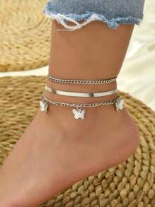 Set de 3 piezas de tobillera con cadena y mariposa de diseño elegante, juego de tobillera y pulsera de cadena gruesa vintage punk, para uso diario de mujeres