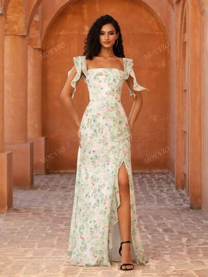 MOEVIO Vestido feminino elegante com decote quadrado, chiffon, mangas com babados, estampa floral, drapeado, fenda na coxa, costas nuas, maxi formal, dama de honra, convidado de casamento, festa de formatura para primavera, verão, férias, praia, vestido diário