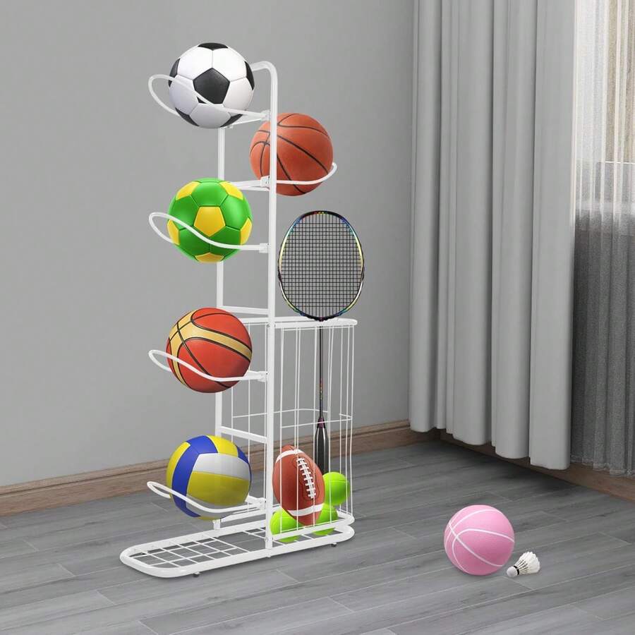 OUKANING Vertikales Ballständer für 5 Bälle, Basketballständer Ballaufbewahrung Innenbereich Ballregal Ballhalterung Stehend Ballhalter Ball Ständer für Fußball Basketball - Weiß - Übersicht 1