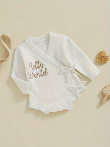 Newborn Baby Girls Wrap Sweater Rompers Hello World Letter Embroidery Tie Up Long Sleeve Bodysuit Jumpsuits For Infant Toddler Casual Clothes - 白色 - 查看 4