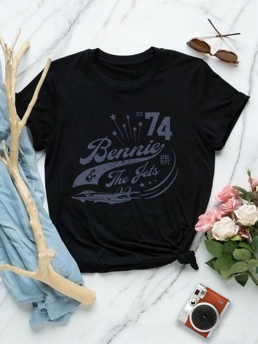 Women's Bennie The Jets Vintage T-Shirt - Elton John Concert Tee Retro Rock Tee 70s Music Shirt - Negro - Ver 1