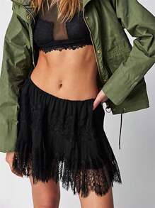 Women Y2k Lace Mini Skirts Summer Lace Slip Skirt Pleated Ruffle Floral Lace Tiered Short Skirts Underskirt - 黑色 - 查看 3
