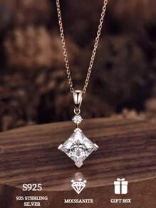 Elegante colar de diamantes moissanita quadrado de 1/2/3 ct de prata esterlina S925 para mulheres - perfeito para noivados, casamentos e presentes de dia das mães - joias da moda estilo boêmio com certificado e caixa de presente - presente de dia dos namorados elegante, versátil e luxuoso