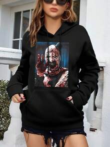 Women's Clown Drawing Art Hoodie T-Shirt Funny Cute Vintage Graphic Tees - Black - View 1