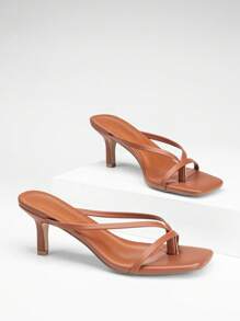 Women Comfortable Kitten Low Heel Thong Heeled Sandals Fashion Square Open Toe Comfort Shoes For Party Casual Slides - 棕色 - 查看 4