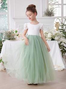 Váy dự tiệc lưới viền ren cổ chữ V công chúa màu xanh bạc hà thanh lịch, thích hợp cho tiệc sinh nhật bé gái, tiệc tối, tiệc cưới, phù dâu, cuộc thi sắc đẹp - Màu xanh Bạc hà - Xem 6
