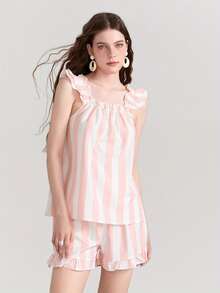 Conjunto de 2 piezas de camisetas sin mangas y pantalones cortos de verano para mujer, con volantes, tirantes y rayas/cuadros - Rosa - Ver 1