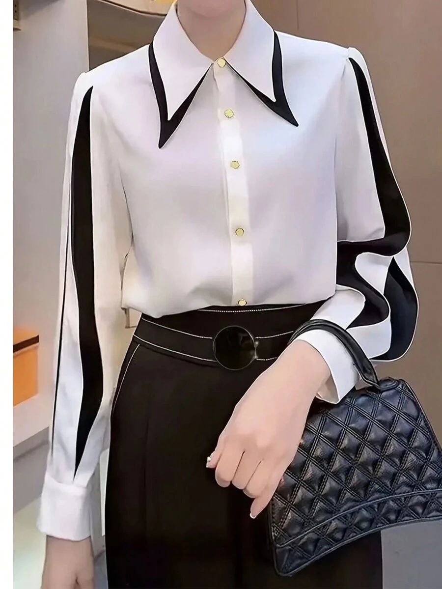 女士优雅拼色衬衫，休闲时尚，适合日常穿着 - 白色 - 查看 1